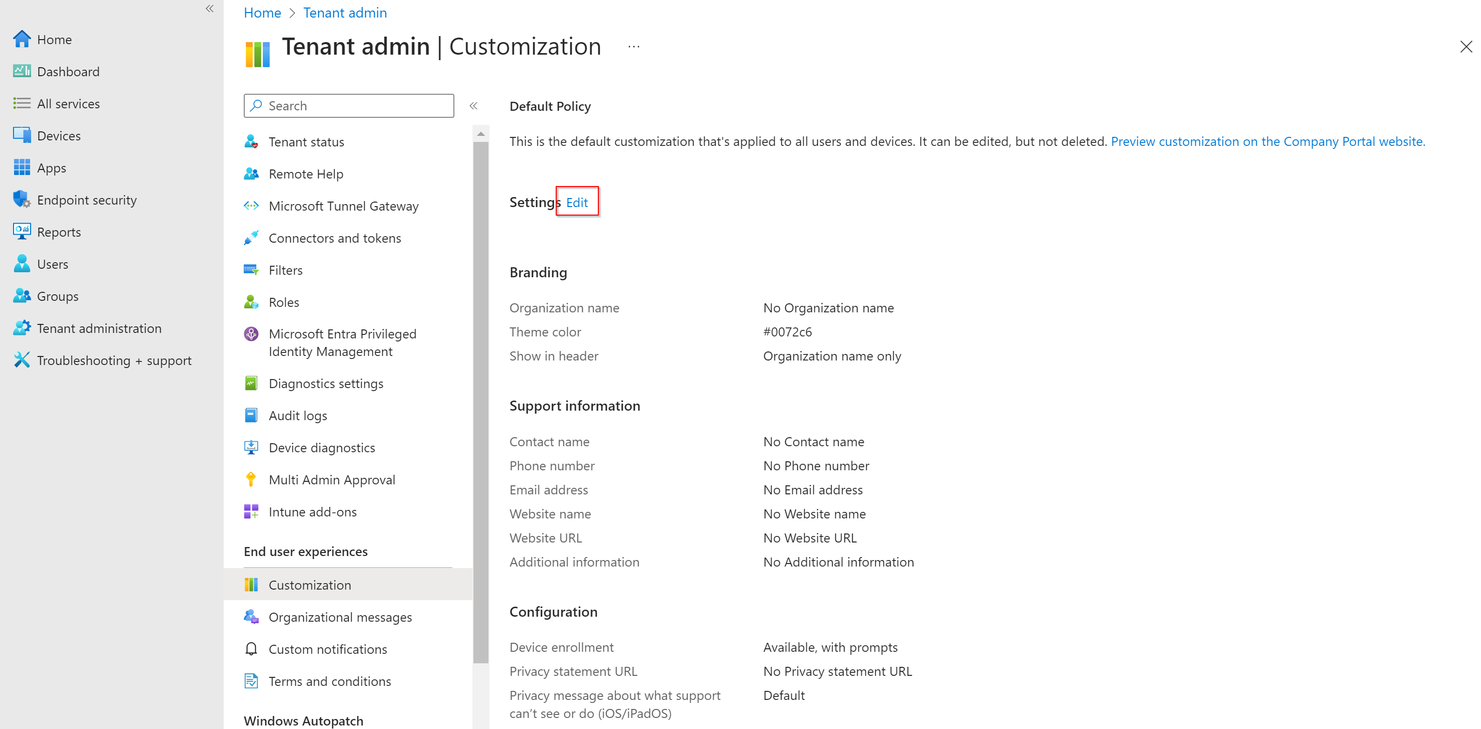 Accessing Company Portal customization in Microsoft Intune admin center
